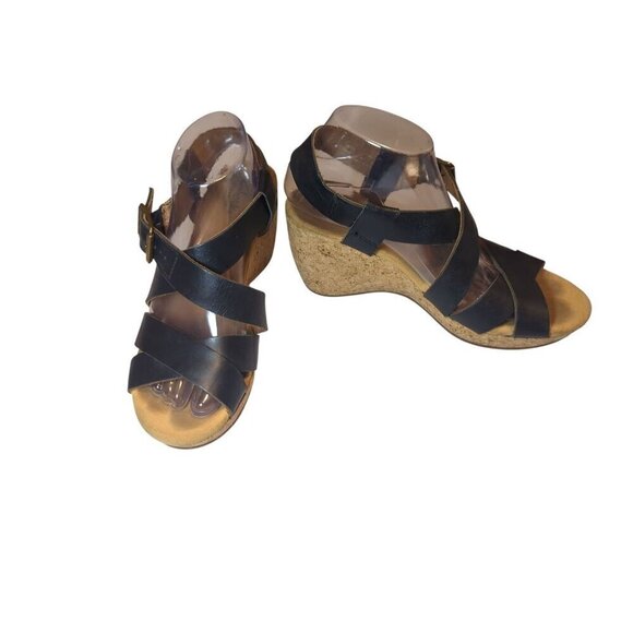 Clarks Shoes - Clarks Artisan Black Leather Cork Platform Wedge Sandals Size 9m